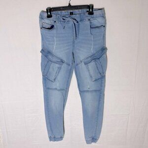 DNM Works Light Wash Denim Elastic Waist Cargo Joggers 30